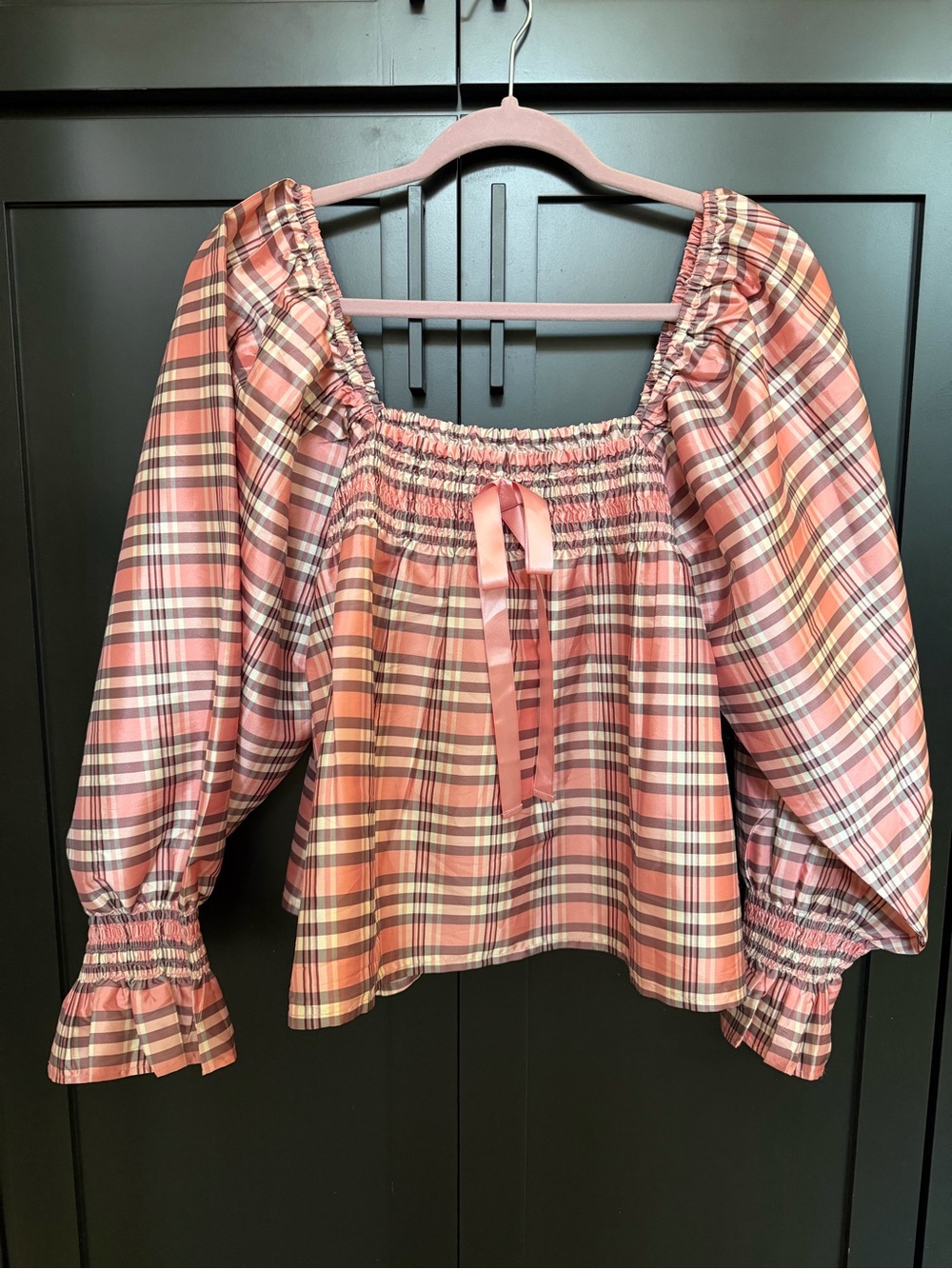 Mille Plaid Smocked Square-Neck Puff Sleeve Top - Pink